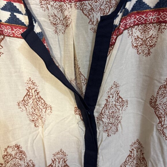 Lucky Brand XL Boho Tunic Top Beige Red Blue Geometric & Paisley Print 3/4 Sleev - Picture 4 of 6